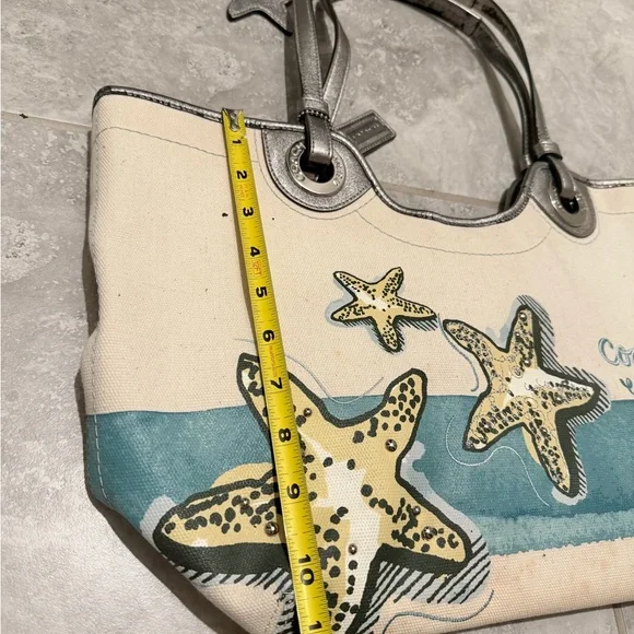 COACH Canvas Tote Bag | Starfish Print | Silver Leather Trim - Picture 12 of 14